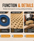 Illustration of 14 Piece Wood Carving Disc Set for Angle Grinder showing flap disc, tooth texture, and use in wood carving.