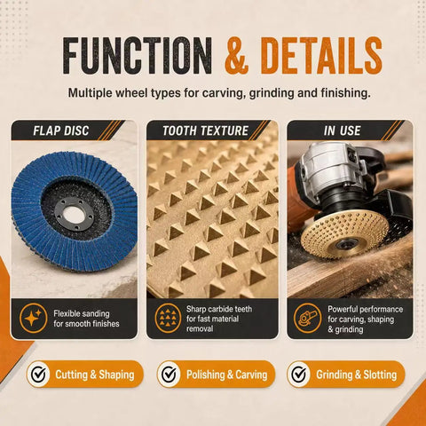 Illustration of 14 Piece Wood Carving Disc Set for Angle Grinder showing flap disc, tooth texture, and use in wood carving.