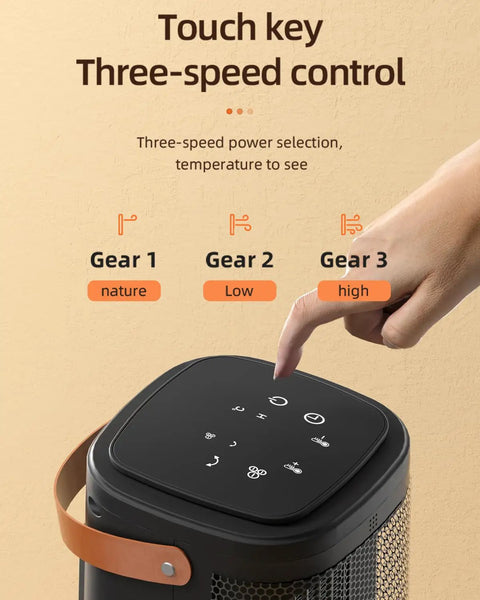 Portable Indoor Space Heater 1500W With Thermostat And 12 Hour Timer showing touch control panel for power settings.