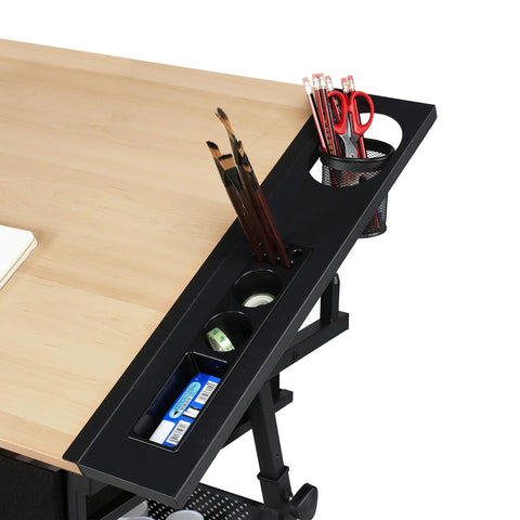 Height Adjustable Drafting Table With Tilted Tabletop And Built In Storage Drawers And Stool For Home Office And Art Studio