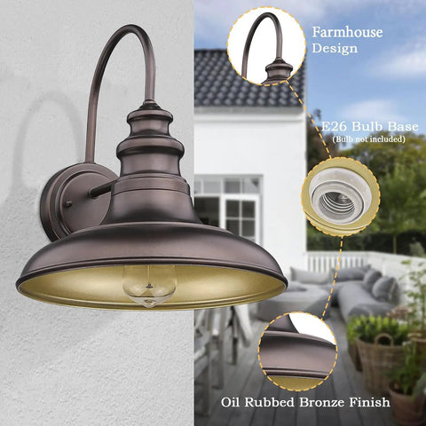 Farmhouse Outdoor Barn Light Fixture 2 Pack Wall Mount Lantern Sconce for Exterior Porch, Industrial Bronze Finish with Gold Interior