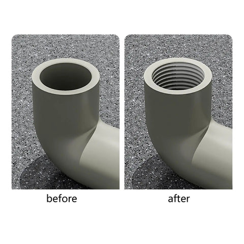 Essential Multitask Pipe Threader Kit For Pvc And Long Lasting Home Repairs Installations Featuring Tough Alloy Dies And Ergonomic Threading Tool Design before and after showing smooth pipe vs threaded pipe.