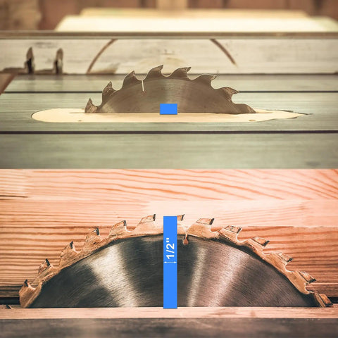 Heavy Duty 15 Piece Aluminum Setup Blocks And Height Gauge Set Featuring Precision Router Table Bars With Dead On Size Markings showing table saw blade alignment with height gauge.