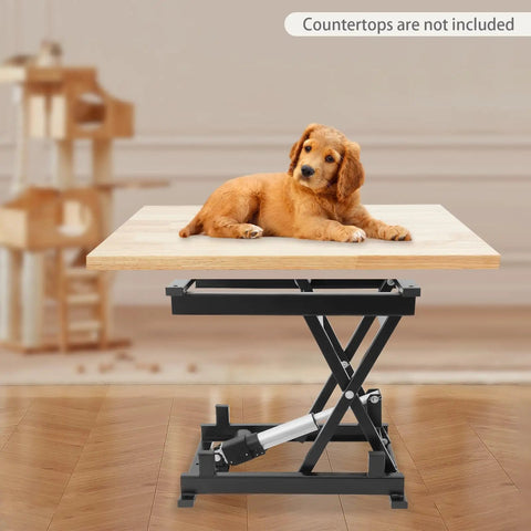 Smooth Operator Electric Scissor Lift Table with a puppy resting on the wooden top, showcasing adjustable height and hydraulic lift.