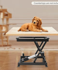 Heavy Duty Dc 24v Electric Scissor Lift Table With 250lbs Load Capacity Plus Handy Remote Control For Smooth Hydraulic Material Handling And Sturdy Workstation Support with a golden retriever puppy on top.