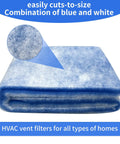 Cut To Fit 20x90 Inch MERV 8 Reusable 3 Layer Air Vent Filter Material with adhesive tape, shown cut-to-size and in blue-white color.