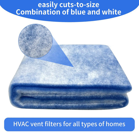 Cut To Fit 20x90 Inch MERV 8 Reusable 3 Layer Air Vent Filter Material with adhesive tape, shown cut-to-size and in blue-white color.