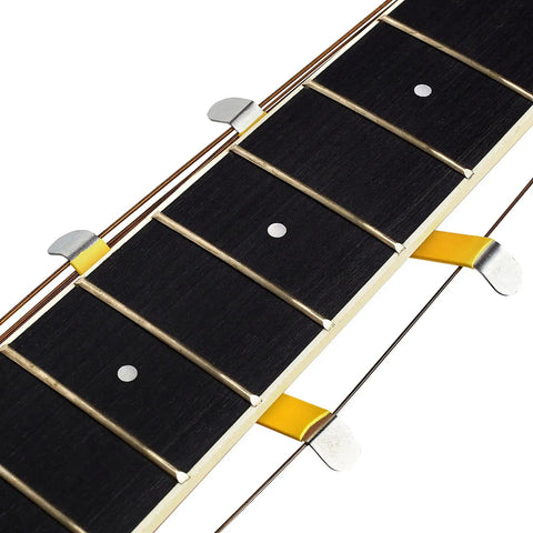 Close-up of guitar fretboard with string spreaders from All In One Pro Grade Guitar Luthier Tool Kit With Fret Crowning File Fret Leveler Beam