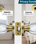 3 Pack Crystal Glass Door Knobs With Privacy Lock In Antique Brass Finish For Vintage Interior Style Heavy Duty Zinc Alloy Plates Diamond Plum Flower Design, side view showing privacy function buttons.