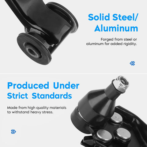 Close-up of GMC Front Lower Control Arm With Ball Joint Kit 2Pc Set showing solid steel/aluminum construction and components.