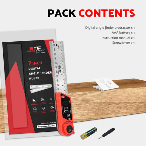 Rock Solid Digital Angle Finder With Built In Miter And Bevel Calculator 7 Inch LCD Screen with accessories on wooden surface.