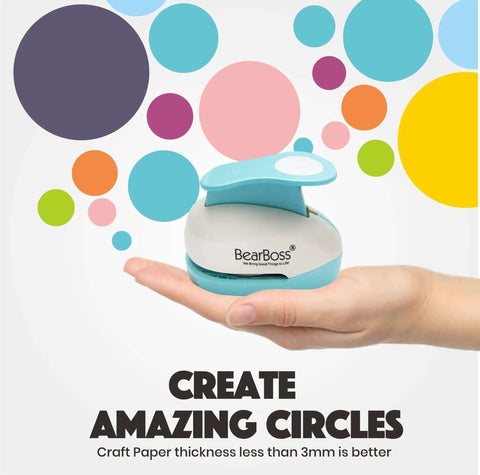 Five Circle Paper Punch Set For Scrapbooking And Card Making Ergonomic Spring Action Puncher displayed in hand against colorful background