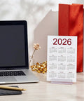 25 Pack Adhesive Base Sign Holders With Strong Backing For Counters And Shelves, Multipurpose Sign Displays For Restaurants, Retail And Warehouses, Easy Peel And Stick, 1 By 3 Inch, clear holder on desk with 2026 calendar card