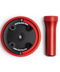 AutoLine Pro gas cap adapter with fuel flap bypass opener; red metal round base with black core and knurled red handle.