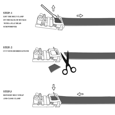Illustration of adjusting Genuine Leather Ratchet Dress Belt With Automatic Buckle, showing steps to trim 1.25 inch strap.