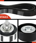 Engine Serpentine Belt Drive Kit for Chevy, GMC, Cadillac and Saab cars with belt, tensioner, and idler pulley details