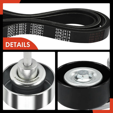 Engine Serpentine Belt Drive Kit for Chevy, GMC, Cadillac and Saab cars with belt, tensioner, and idler pulley details