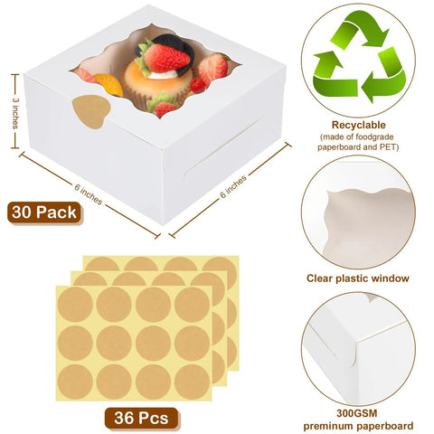 Thirty Piece Set Of Top Shelf White Bakery Boxes With Crisp Clear Windows Plus Generous Kraft Stickers For Secure Cookie And Pastry Shipping That Is Hella Sturdy And Damned Eco Friendly Measuring 6 X 6 X 3 Inches