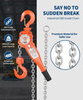 Beefy 1-1/2 Ton Manual Lever Chain Hoist With 10 Ft G80 Galvanized Chain, 3300 Lb Capacity, showcasing double pawl safety brake and hook