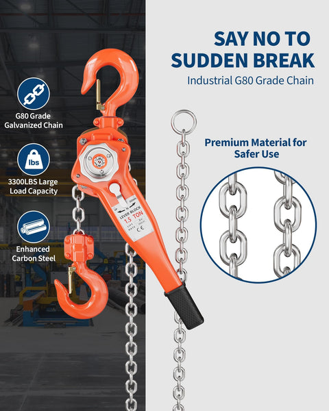 Beefy 1-1/2 Ton Manual Lever Chain Hoist With 10 Ft G80 Galvanized Chain, 3300 Lb Capacity, showcasing double pawl safety brake and hook