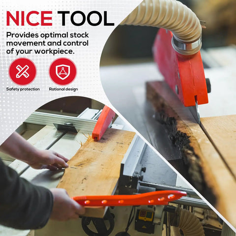 Table Saw Push Stick For Woodworking, Red Push Block With Ergonomic Handle guiding wood through a table saw for safer cuts.