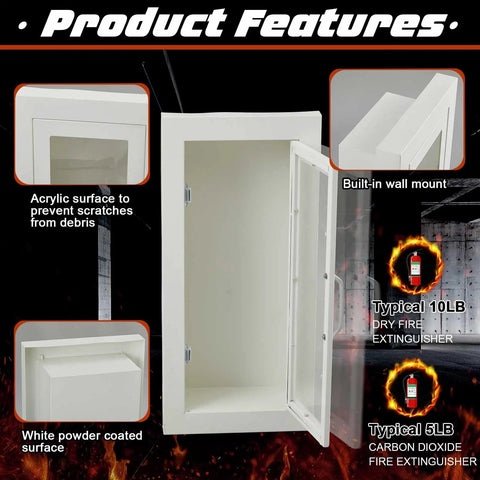 No Sweat Flush Install Heavy Duty Recessed Fire Extinguisher Cabinet Solid Steel Wall Box with clear view window and built-in wall mount.