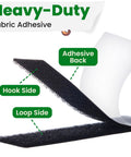 Sticky Back Fabric Strips With Adhesive No Sew Stick On Hem Tape For Clothes Curtains Heavy Duty Double Sided Hook And Loop Fasteners Easy Peel And Stick Black Ideal For Quick Fixes No Iron Needed For Dress Shirts Jeans Curtains And Cushions showing hook and loop sides with adhesive back