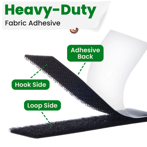 Sticky Back Fabric Strips With Adhesive No Sew Stick On Hem Tape For Clothes Curtains Heavy Duty Double Sided Hook And Loop Fasteners Easy Peel And Stick Black Ideal For Quick Fixes No Iron Needed For Dress Shirts Jeans Curtains And Cushions showing hook and loop sides with adhesive back