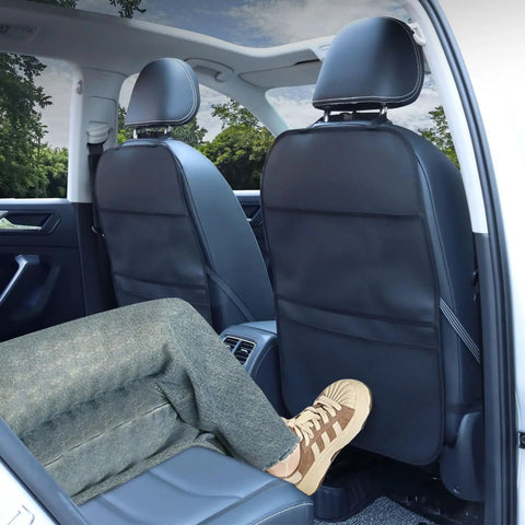 Waterproof Leather Back Seat Protector With Three Storage Pockets Anti Kick Mat For Kids And Pets Universal Car Seat Organizer Cover For SUVs Sedans Minivans And Trucks Two Pack Black installed on front seatbacks
