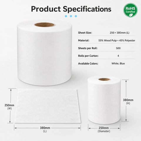 Killer Hella Low Lint Cleanroom Wipe Rolls For PCB Boards And Precision Equipment, showcasing sizes and specifications of wipes.