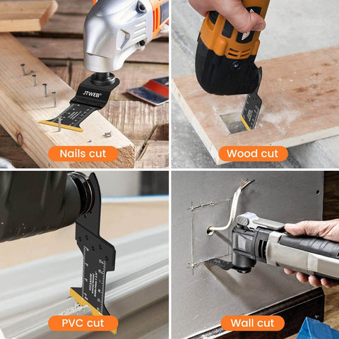 50 Pieces Titanium Oscillating Multitool Blades Set For Metal Wood Plastic Nails With Titanium Carbide Coating Delivers Over 2x Life, Abrasion Resistant, Compatible With Milwaukee Rockwell Ryobi Tools showing cutting applications on nails, wood, PVC, and wall.