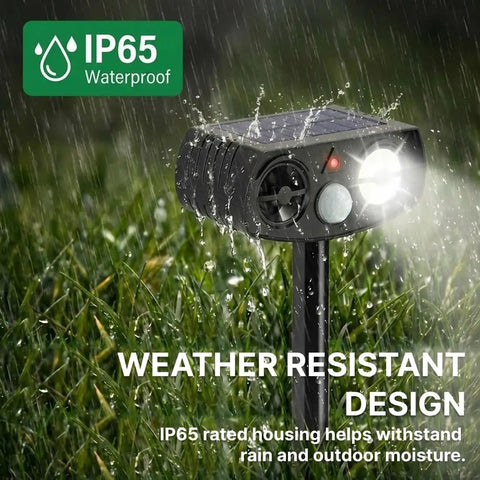 Solar Ultrasonic Animal Repeller Outdoor With Motion Sensor PIR Auto Deterrent For Yard And Garden LED Flashing Light Weatherproof 2 Pack Keeps Pests And Critters At Bay No Fuss Hands Free, IP65 waterproof stake in rain