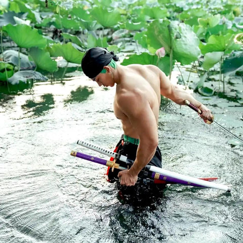 Man in water with Katana Sword Belt For Cosplay And Pirate Adventures, All Leather Belt With One To Three Sword Sleeves