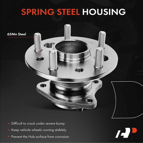 Front view of 2-Pack Rear Wheel Bearing And Hub Assembly With ABS For Toyota Camry 2002-2011 shown with spring steel housing details.