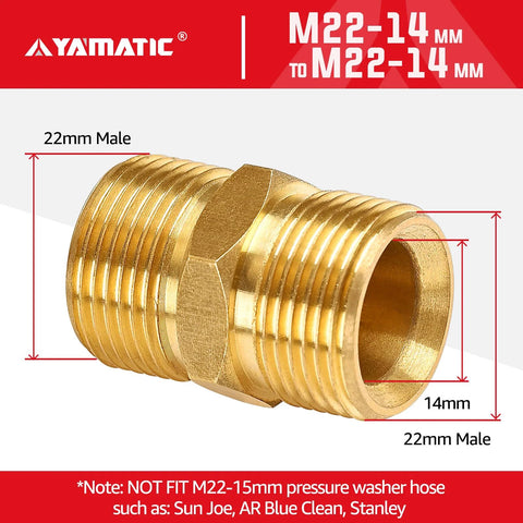 YAMATIC solid brass pressure washer hose connector, double M22-14mm male coupler, side view