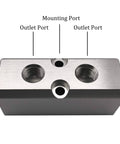 Two Way Pneumatic Manifold Air Distribution Block With G1/2 Inlet Ports And G1/4 Outlet Ports, labeled mounting and outlet ports