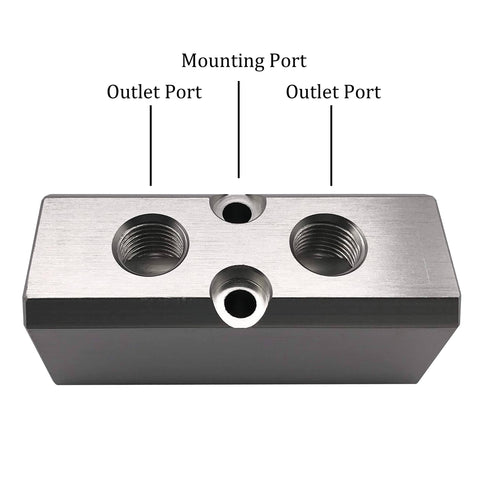 Two Way Pneumatic Manifold Air Distribution Block With G1/2 Inlet Ports And G1/4 Outlet Ports, labeled mounting and outlet ports