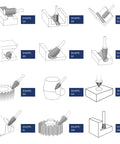 Diagram showing various shapes and uses of Double Cut Tungsten Carbide Burr Rotary File Three Eighths Inch Head And Quarter Inch Shank.