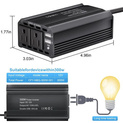 Keep Your Gear Juiced While You Cruise Down The Pavement With This Badass 300W Power Inverter Car Adapter, showing dual USB ports and compact design.