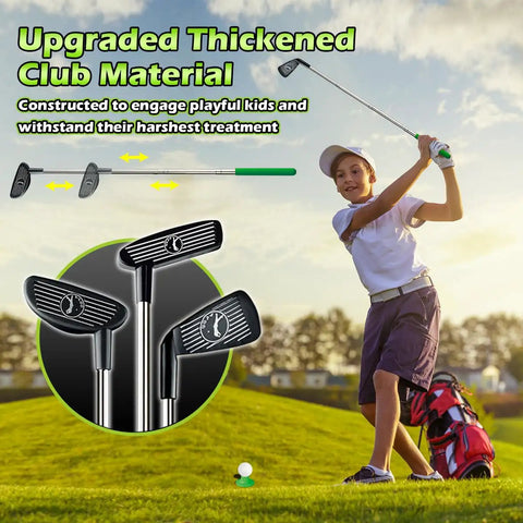Child playing golf with red bag, showcasing Upgraded Kids Golf Set With Dinosaur Automatic Returner Light Up Night Golf Balls 3 Clubs Putting Mat Ages 3 To 8 Mini Golf Game Kit For Indoor And Outdoor Play Fun Educational Sports Toy For Boys And Girls.