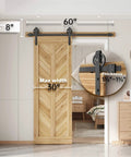 Beefy Sliding Barn Door Hardware Kit 5ft Rail System For Quiet Smooth Glide installed on wood door, dimensions visible.