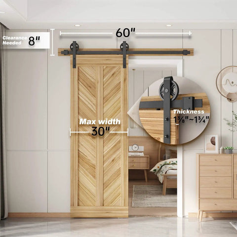 Beefy Sliding Barn Door Hardware Kit 5ft Rail System For Quiet Smooth Glide installed on wood door, dimensions visible.