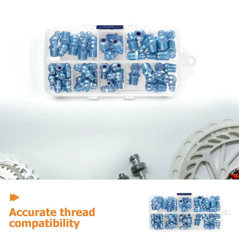 Top Shelf One Hundred Piece Assorted Grease Zerk Fitting Kit With Forty Five Degree Angled Nipple Caps For Heavy Equipment Repair And Fleet Maintenance Using One Eighth Inch Threads Helping You Make Work Move Fast With No Hassle Today. blue zinc grease fittings in plastic organizer, 1/8 inch thread