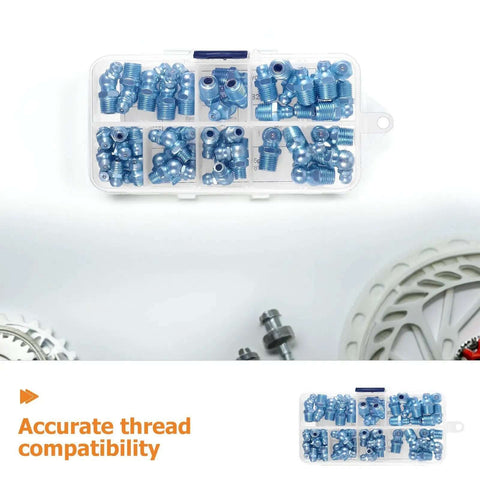 100 Pack Heavy Duty Grease Fitting Assortment Kit 1/8-28 Zinc Plated Iron Zerk Coupler Set With Angled Design For Tough Industrial Jobs And Smooth Mechanical Joints Repairs, in clear organizer case