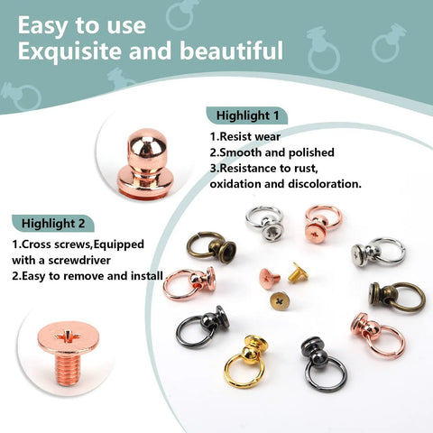 Top Shelf 50 Piece Screw Back Round Head Rivets Pull Ring Studs With Screwdriver Zinc Alloy Finish For DIY Leather Crafts display with multicolor options.