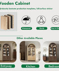 Three views of an Arched Storage Cabinet With 2 Doors And 5 Tier Shelves 71 Inch Tall Wooden Pantry Organizer for various rooms.