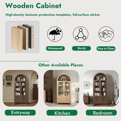 Three views of an Arched Storage Cabinet With 2 Doors And 5 Tier Shelves 71 Inch Tall Wooden Pantry Organizer for various rooms.