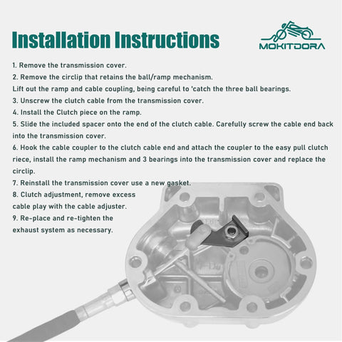 MoKitDora Twin Cam Easy Pull Clutch Kit installation instructions page showing clutch housing and MoKitDora logo