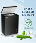 Slick 3.5 Cubic Feet Compact Chest Freezer With Adjustable Thermostat And Nifty Removable Basket, black, top open, compact size.