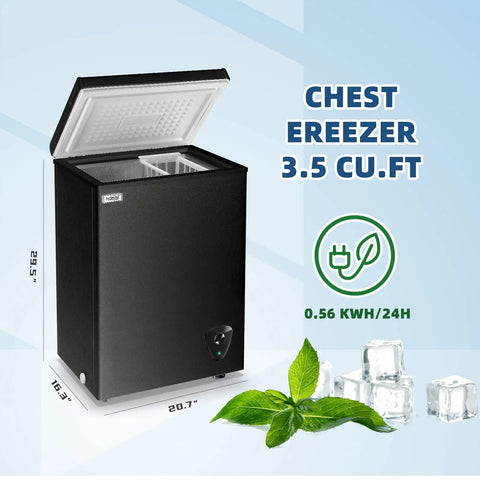 Slick 3.5 Cubic Feet Compact Chest Freezer With Adjustable Thermostat And Nifty Removable Basket, black, top open, compact size.